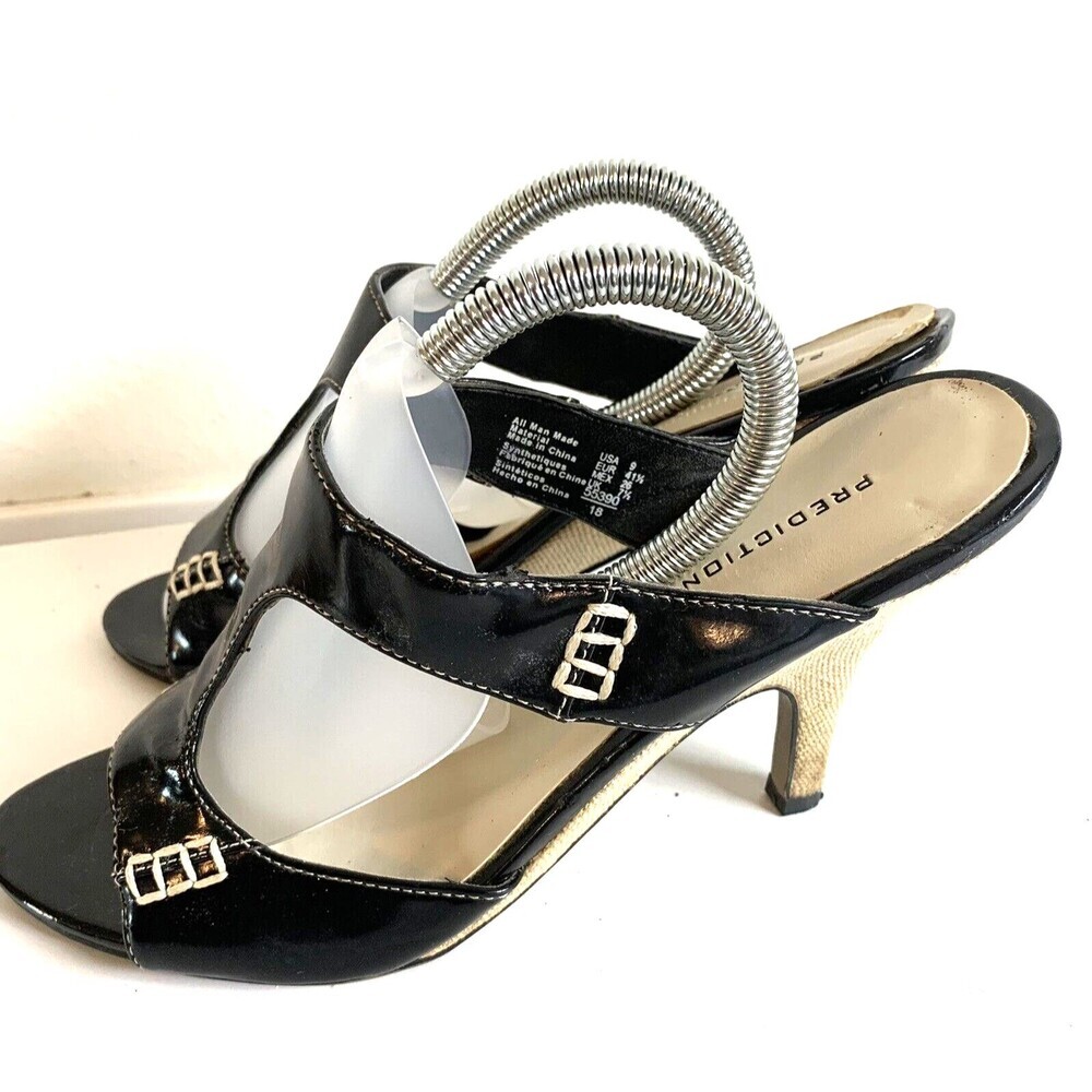 Predictions Womens Open-Toe 4" Heels Synthetic Patent Black w/Beige 9M Vintage